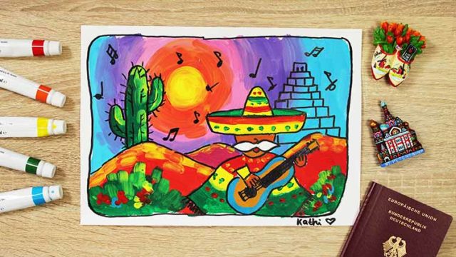 Mexikaner in Poncho mit Gitarre und Maya Pyramiden